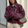 Solid Color Lapel Zipper Jacket Fashion Casual Long Sleeve Leather Coat