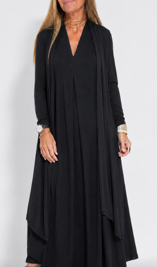 Solid Color V-neck Sleeveless Dress Long Cardigan Jacket Suit for Women