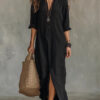 Spring Summer Casual Solid Color Lapel Neck Split Front Maxi Dress Spring Summer Casual Solid Color Lapel Neck Split Front Maxi Dress