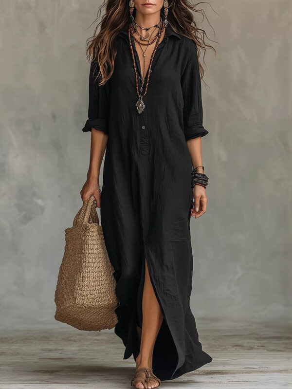 Spring Summer Casual Solid Color Lapel Neck Split Front Maxi Dress Spring Summer Casual Solid Color Lapel Neck Split Front Maxi Dress