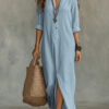 Spring Summer Casual Solid Color Lapel Neck Split Front Maxi Dress Spring Summer Casual Solid Color Lapel Neck Split Front Maxi Dress