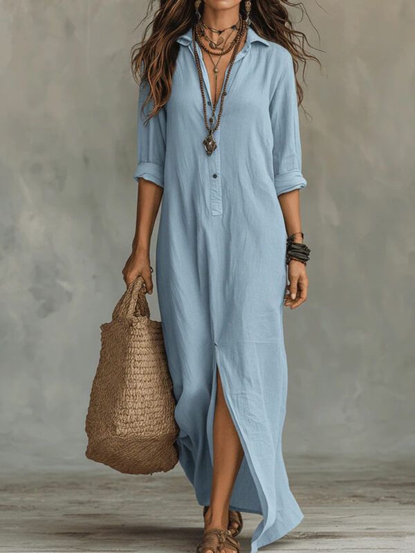 Spring Summer Casual Solid Color Lapel Neck Split Front Maxi Dress Spring Summer Casual Solid Color Lapel Neck Split Front Maxi Dress