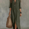 Spring Summer Casual Solid Color Lapel Neck Split Front Maxi Dress Spring Summer Casual Solid Color Lapel Neck Split Front Maxi Dress