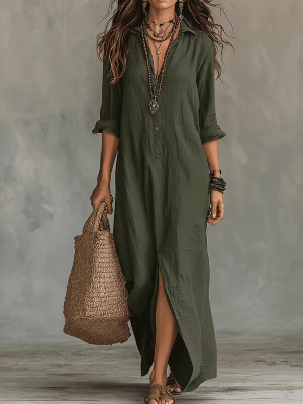 Spring Summer Casual Solid Color Lapel Neck Split Front Maxi Dress