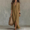 Spring Summer Casual Solid Color Lapel Neck Split Front Maxi Dress Spring Summer Casual Solid Color Lapel Neck Split Front Maxi Dress