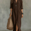 Spring Summer Casual Solid Color Lapel Neck Split Front Maxi Dress Spring Summer Casual Solid Color Lapel Neck Split Front Maxi Dress