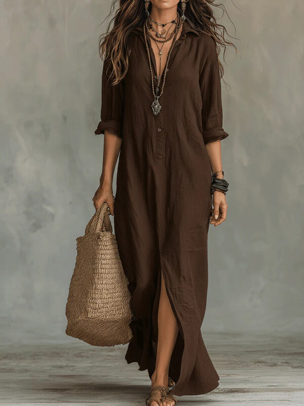 Spring Summer Casual Solid Color Lapel Neck Split Front Maxi Dress Spring Summer Casual Solid Color Lapel Neck Split Front Maxi Dress