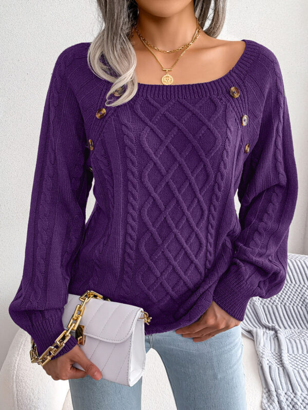 Square Neck Knitted Sweater with Button Design Winter Warm Long Sleeve Square Neck Knitted Sweater with Button Design Winter Warm Long Sleeve