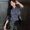 Striped Long Sleeve Polo Collar Shirt Women Slim Fit Cinched Blouse