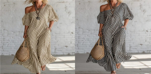 Striped Print Off-shoulder Dress Summer Fashion Short-sleeved Maxi