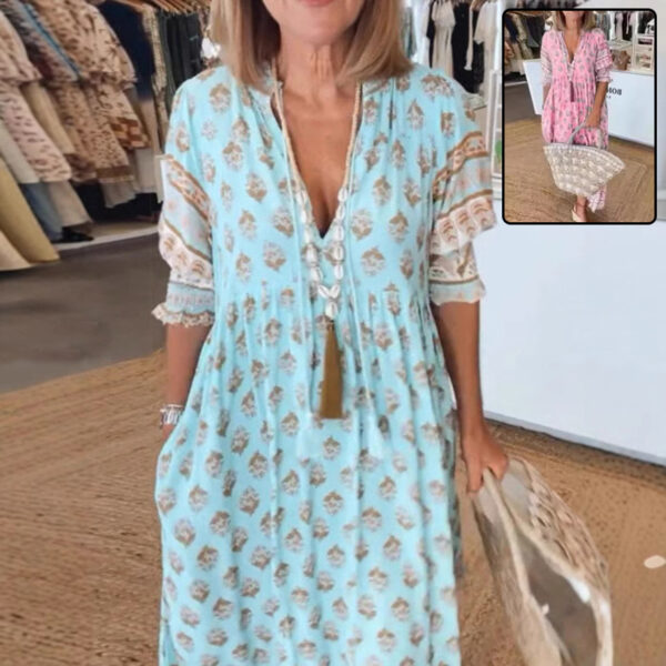 Summer Bohemian Print Lantern-sleeved Dress Fashion Loose V-neck Ruffle