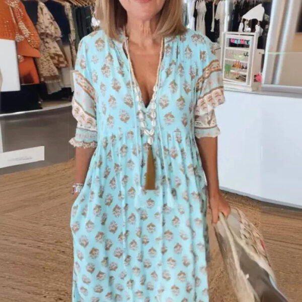 Summer Bohemian Print Lantern-sleeved Dress Fashion Loose V-neck Ruffle Summer Bohemian Print Lantern-sleeved Dress Fashion Loose V-neck Ruffle