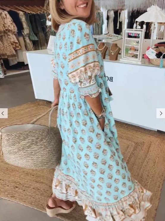 Summer Bohemian Print Lantern-sleeved Dress Fashion Loose V-neck Ruffle Summer Bohemian Print Lantern-sleeved Dress Fashion Loose V-neck Ruffle