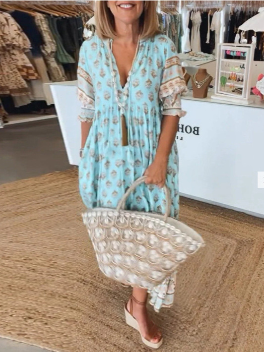 Summer Bohemian Print Lantern-sleeved Dress Fashion Loose V-neck Ruffle Summer Bohemian Print Lantern-sleeved Dress Fashion Loose V-neck Ruffle