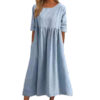 Summer Crew Neck Elbow Sleeve Plus Size Loose Solid Cotton Linen Maxi