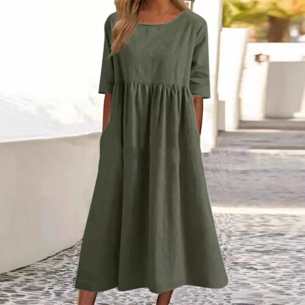 Summer Crew Neck Elbow Sleeve Plus Size Loose Solid Cotton Linen Maxi