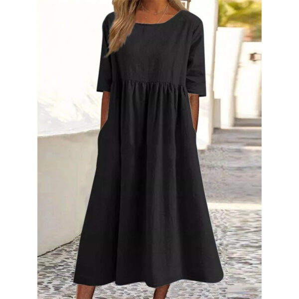 Summer Crew Neck Elbow Sleeve Plus Size Loose Solid Cotton Linen Maxi
