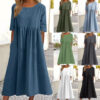 Summer Crew Neck Elbow Sleeve Plus Size Loose Solid Cotton Linen Maxi