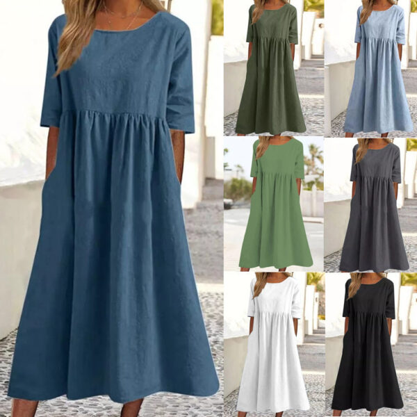 Summer Crew Neck Elbow Sleeve Plus Size Loose Solid Cotton Linen Maxi