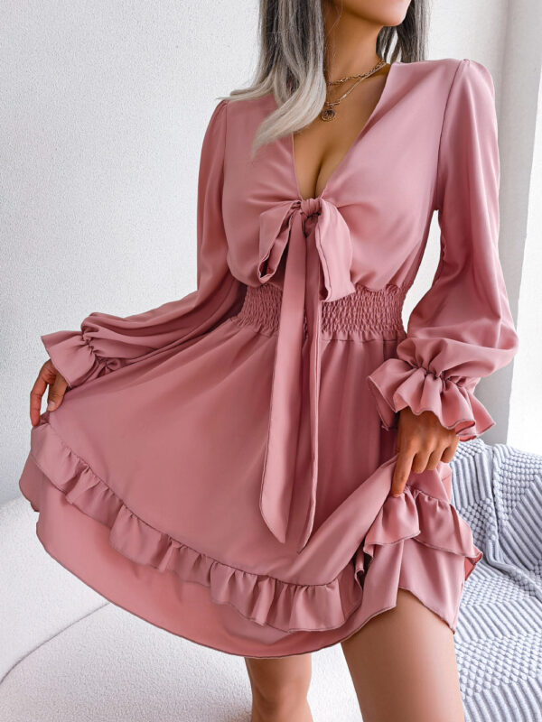 Summer Dresses Solid Color V-neck Long Sleeve Dress for Women Sexy Lace