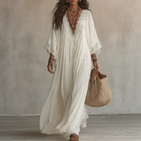 Summer Elegant Solid Dresses Womens Casual Lace Trim V Neck Flowy Maxi Summer Elegant Solid Dresses Womens Casual Lace Trim V Neck Flowy Maxi