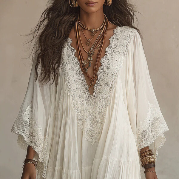 Summer Elegant Solid Dresses Womens Casual Lace Trim V Neck Flowy Maxi Summer Elegant Solid Dresses Womens Casual Lace Trim V Neck Flowy Maxi