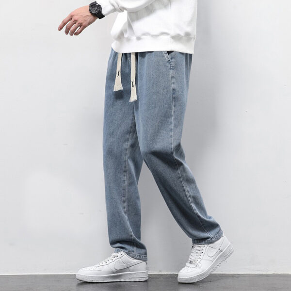Summer Loose Wide Leg Jeans Pants Men Fashion Drawstring Elasticated
