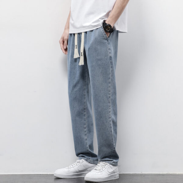 Summer Loose Wide Leg Jeans Pants Men Fashion Drawstring Elasticated