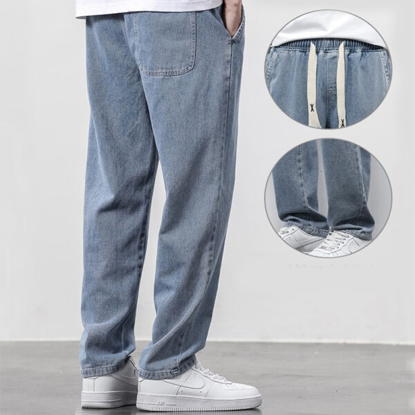 Summer Loose Wide Leg Jeans Pants Men Fashion Drawstring Elasticated