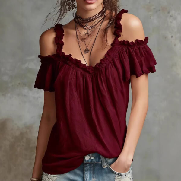 Summer Off-shoulder Blouse Top Fashion Ruffled Strappy Short-sleeved Summer Off-shoulder Blouse Top Fashion Ruffled Strappy Short-sleeved