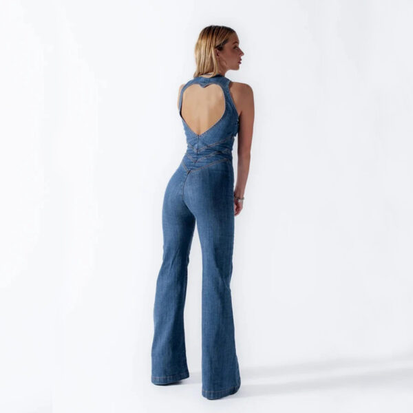 Summer Slim Heart-shape Backless Denim Jumpsuit Women Halter Neck Zip