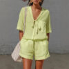 Summer Solid Color Casual Cardigan Lace-up Short-sleeve Shirt Loose Summer Solid Color Casual Cardigan Lace-up Short-sleeve Shirt Loose
