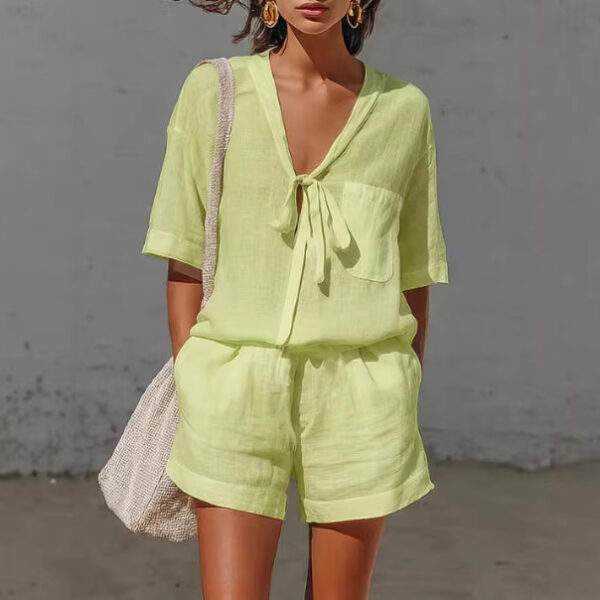 Summer Solid Color Casual Cardigan Lace-up Short-sleeve Shirt Loose Summer Solid Color Casual Cardigan Lace-up Short-sleeve Shirt Loose