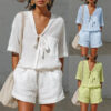 Summer Solid Color Casual Cardigan Lace-up Short-sleeve Shirt Loose Summer Solid Color Casual Cardigan Lace-up Short-sleeve Shirt Loose