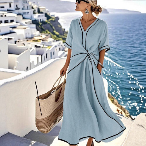 Summer Striped Print Dress Casual Beach Vacation Short-sleeved Maxi Summer Striped Print Dress Casual Beach Vacation Short-sleeved Maxi
