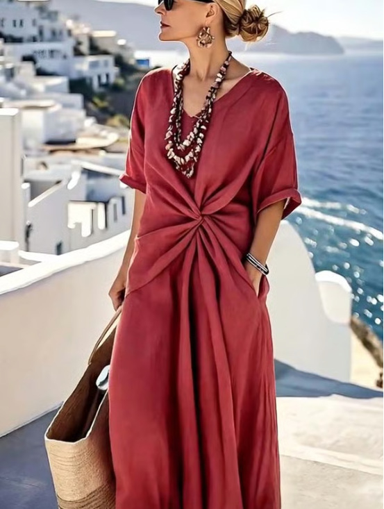 Summer Striped Print Dress Casual Beach Vacation Short-sleeved Maxi Summer Striped Print Dress Casual Beach Vacation Short-sleeved Maxi