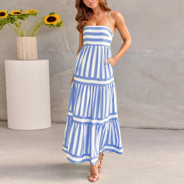 Summer Striped Printed Suspender Long Dress with Pockets Fashion Square Summer Striped Printed Suspender Long Dress with Pockets Fashion Square