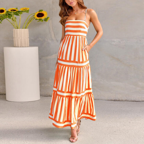Summer Striped Printed Suspender Long Dress with Pockets Fashion Square Summer Striped Printed Suspender Long Dress with Pockets Fashion Square