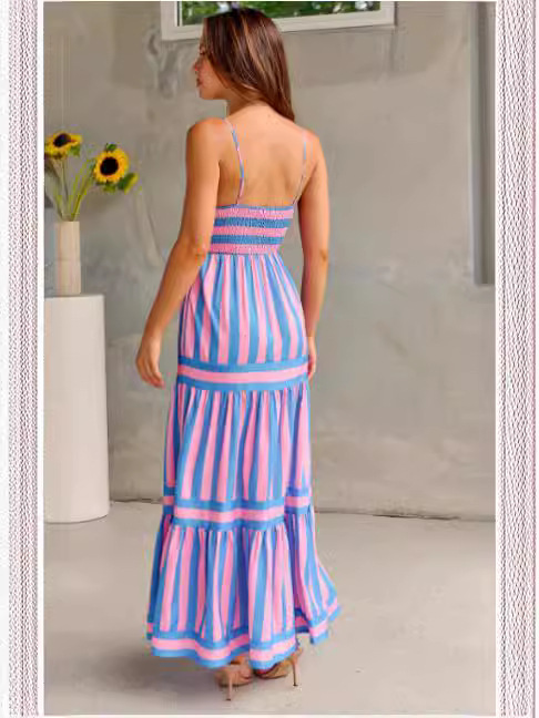 Summer Striped Printed Suspender Long Dress with Pockets Fashion Square Summer Striped Printed Suspender Long Dress with Pockets Fashion Square