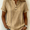 Summer Striped Short-sleeve Shirts Casual Stand-collar V-neck Button