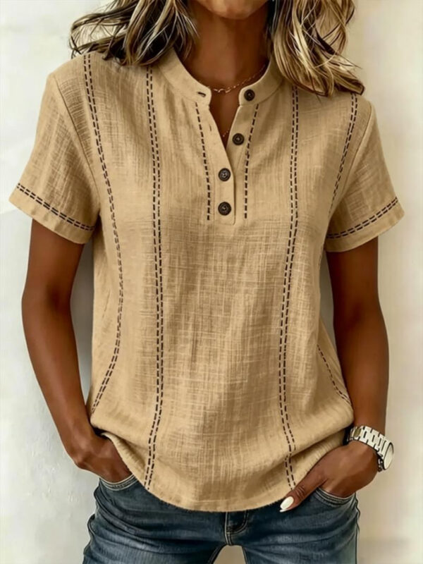 Summer Striped Short-sleeve Shirts Casual Stand-collar V-neck Button