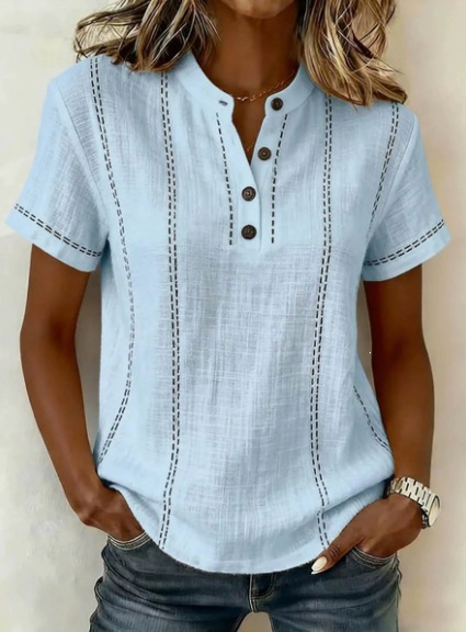 Summer Striped Short-sleeve Shirts Casual Stand-collar V-neck Button