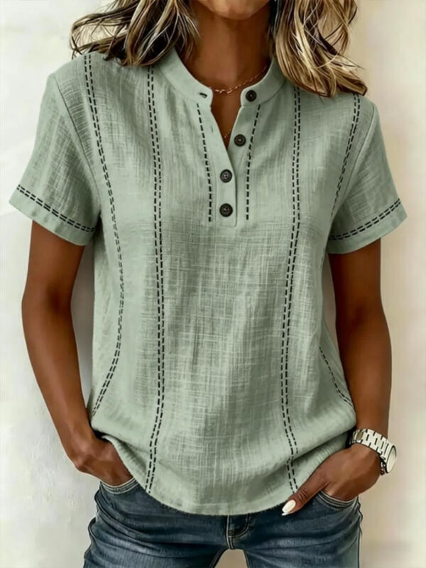Summer Striped Short-sleeve Shirts Casual Stand-collar V-neck Button