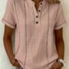 Summer Striped Short-sleeve Shirts Casual Stand-collar V-neck Button