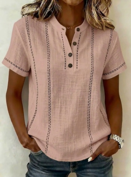 Summer Striped Short-sleeve Shirts Casual Stand-collar V-neck Button