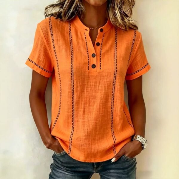 Summer Striped Short-sleeve Shirts Casual Stand-collar V-neck Button