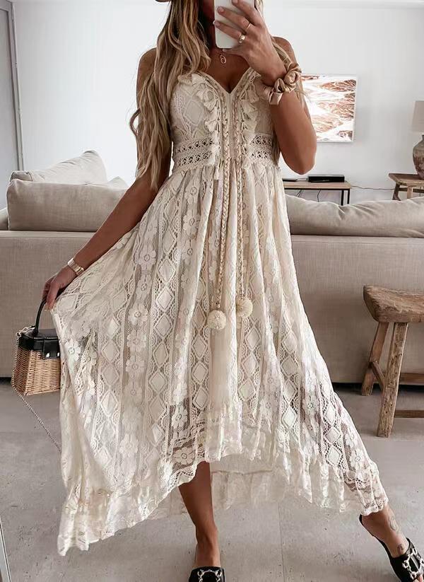 Summer Style Lace Strap Maxi Solid Color Dress