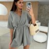 Summer V-neck Fashion Casual Waist Tight Solid Color Jumpsuit for Women