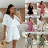 Summer V-neck Fashion Casual Waist Tight Solid Color Jumpsuit for Women