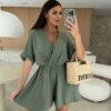 Summer V-neck Fashion Casual Waist Tight Solid Color Jumpsuit for Women